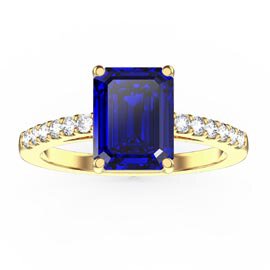 Princess 2ct Sapphire Emerald Cut Diamond Pave 18K Yellow Gold Proposal ring