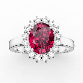 3ct Ruby Oval Moissanite Halo Platinum plated Silver Promise Diana Ring