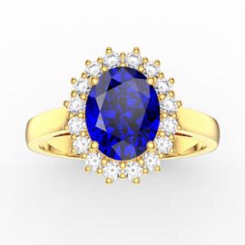 3ct Sapphire Oval Lab Grown Diamond Halo 18K Yellow Gold Engagement Diana Ring