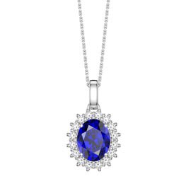 3ct Eternity Sapphire 18K White Gold Lab Grown Diamond Halo Oval Pendant