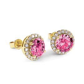 Halo 2ct Pink Sapphire 18K Yellow Gold Diamond Halo Stud Earrings