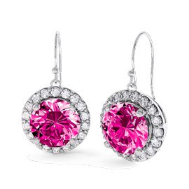 Halo 2ct Pink Sapphire and Diamond 18K White Gold Drop Earrings