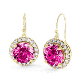Halo 2ct Pink Sapphire and Diamond 18K Yellow Gold Drop Earrings