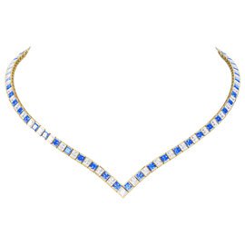 Princess Sapphire and Diamond 18K Yellow Gold Tennis Necklace