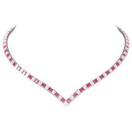 Princess Ruby CZ Rhodium plated Silver Tennis Necklace