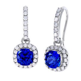 Princess 2ct Sapphire Halo Platinum plated Silver Pave Drop Earrings