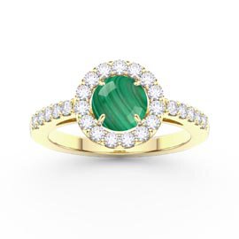 Malachite 18K Yellow Gold Diamond Halo Engagement Ring