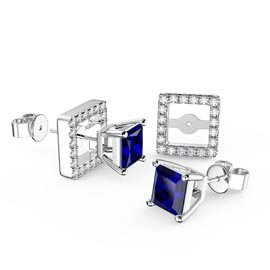 Charmisma 1ct Blue Sapphire and Diamonds 18K White Gold Princess Stud Earrings Halo Jacket Set