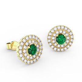 Fusion Emerald and Diamond Halo 18K Yellow Gold Stud Earrings