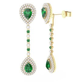 Fusion Emerald and Diamond Pear Halo 18K Gold Stud and Drop Earrings Set