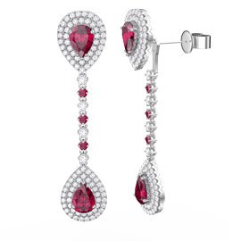 Fusion Ruby and Diamond Pear Halo 18K White Gold Halo Stud Drop Earrings Set