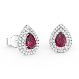 Fusion Ruby Pear Halo Platinum plated Silver Stud Earrings