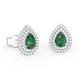 Fusion Emerald Pear and Diamond Halo 18K White Gold Stud Earrings