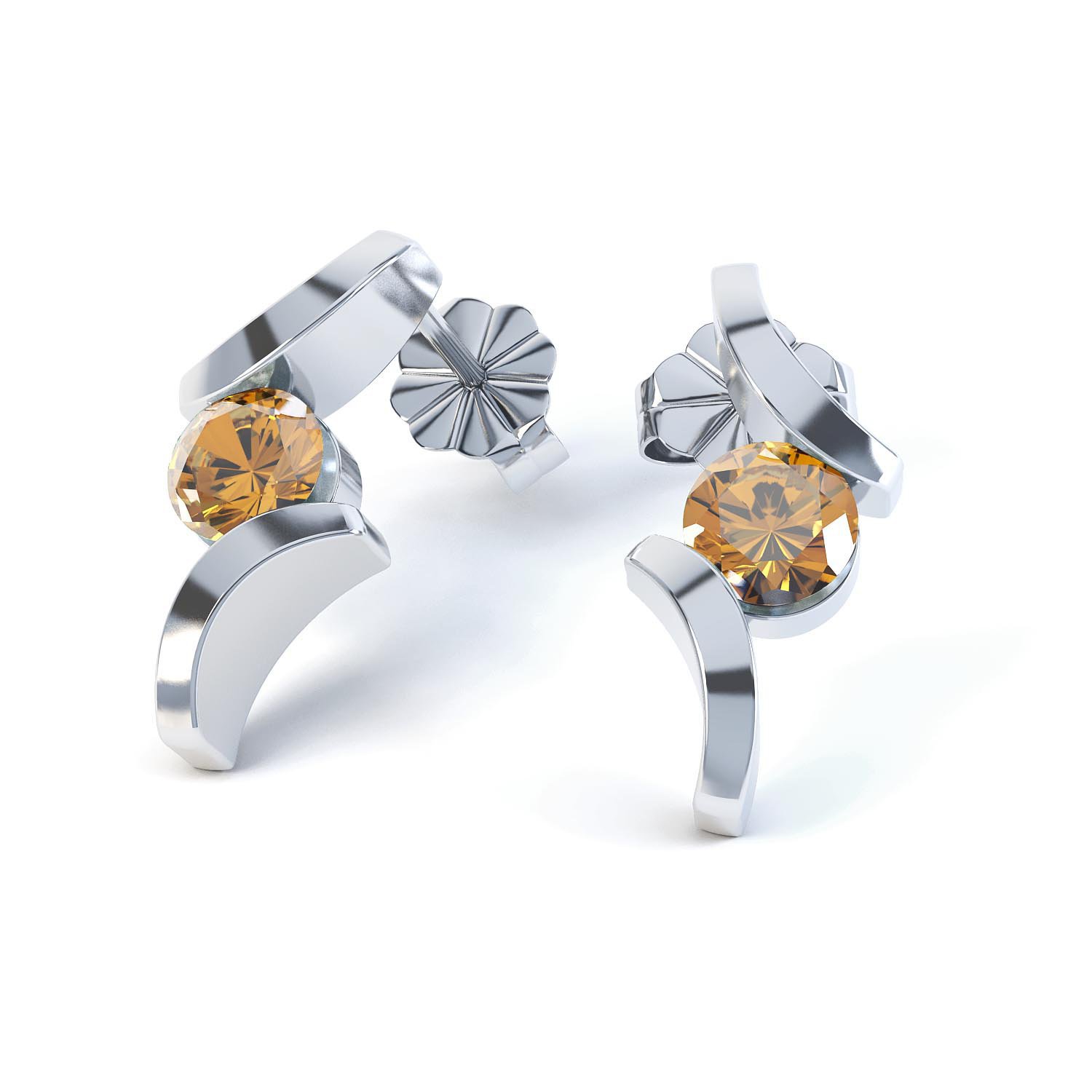 Combinations Citrine Round Rhodium plated Silver Earrings #1