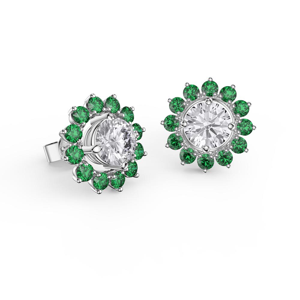 Fusion White Sapphire Platinum plated Silver Stud Earrings Emerald Halo Jacket Set #2