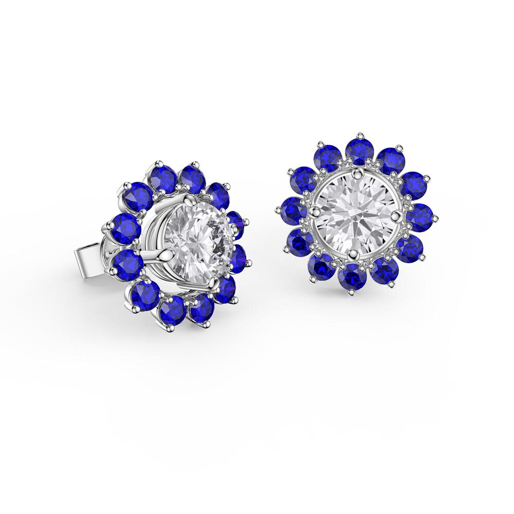 Fusion White Sapphire Platinum plated Silver Stud Earrings Sapphire Halo Jacket Set #2