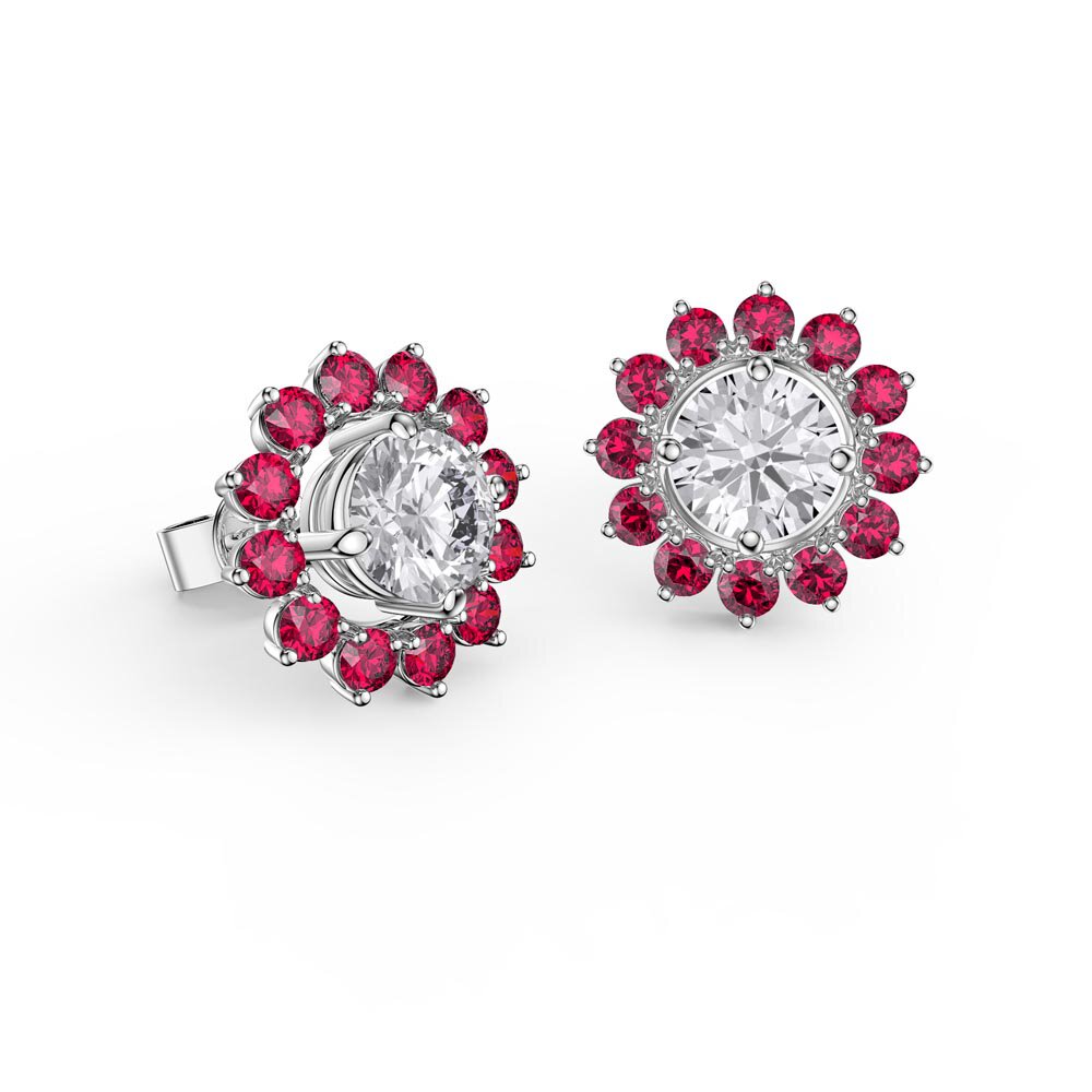 Fusion Moissanite Platinum plated Silver Stud Earrings Ruby Halo Jacket Set #2