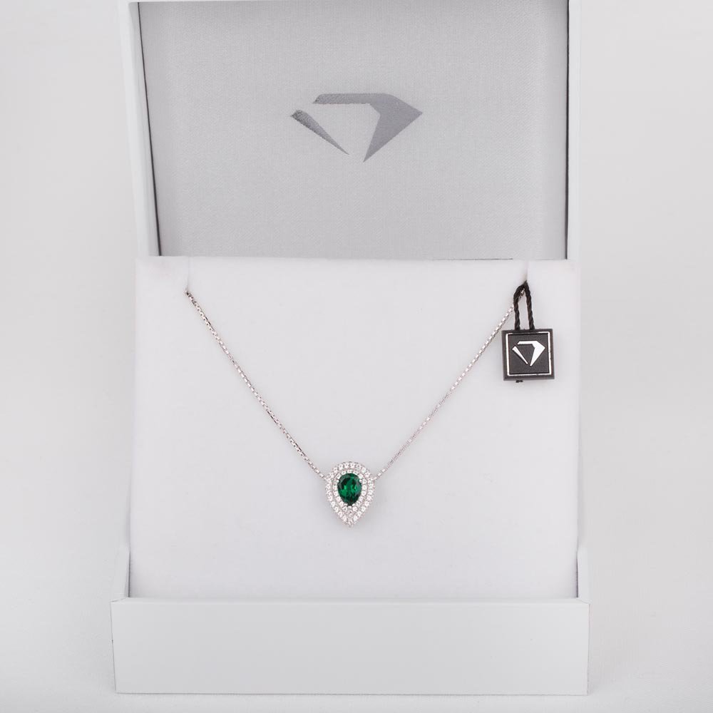 Fusion Emerald and Diamond 18K White Gold Halo Pear Pendant #2
