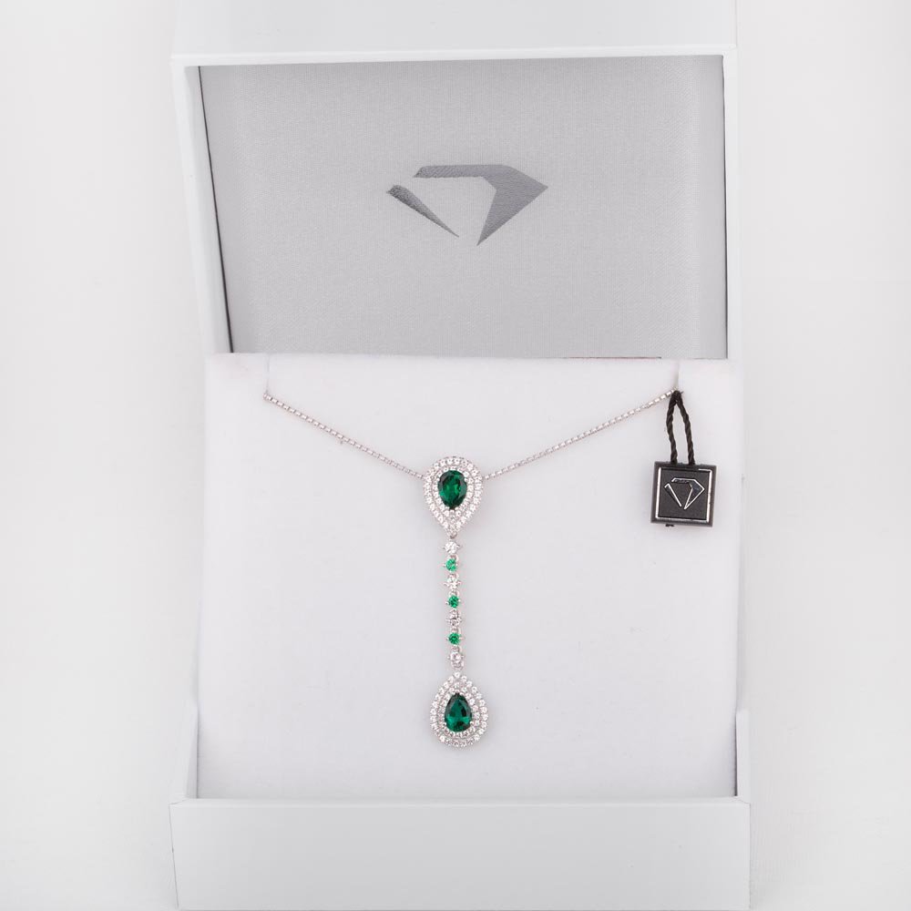 Fusion Emerald and Diamond 18K White Gold Halo Pear Pendant #5