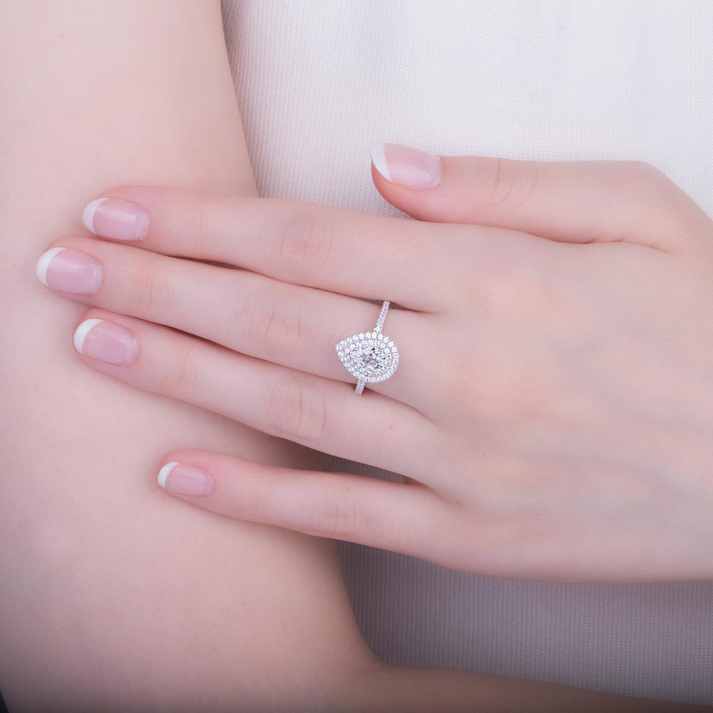 Fusion Moissanite Pear 18K White Gold Diamond Halo Engagement Ring #5