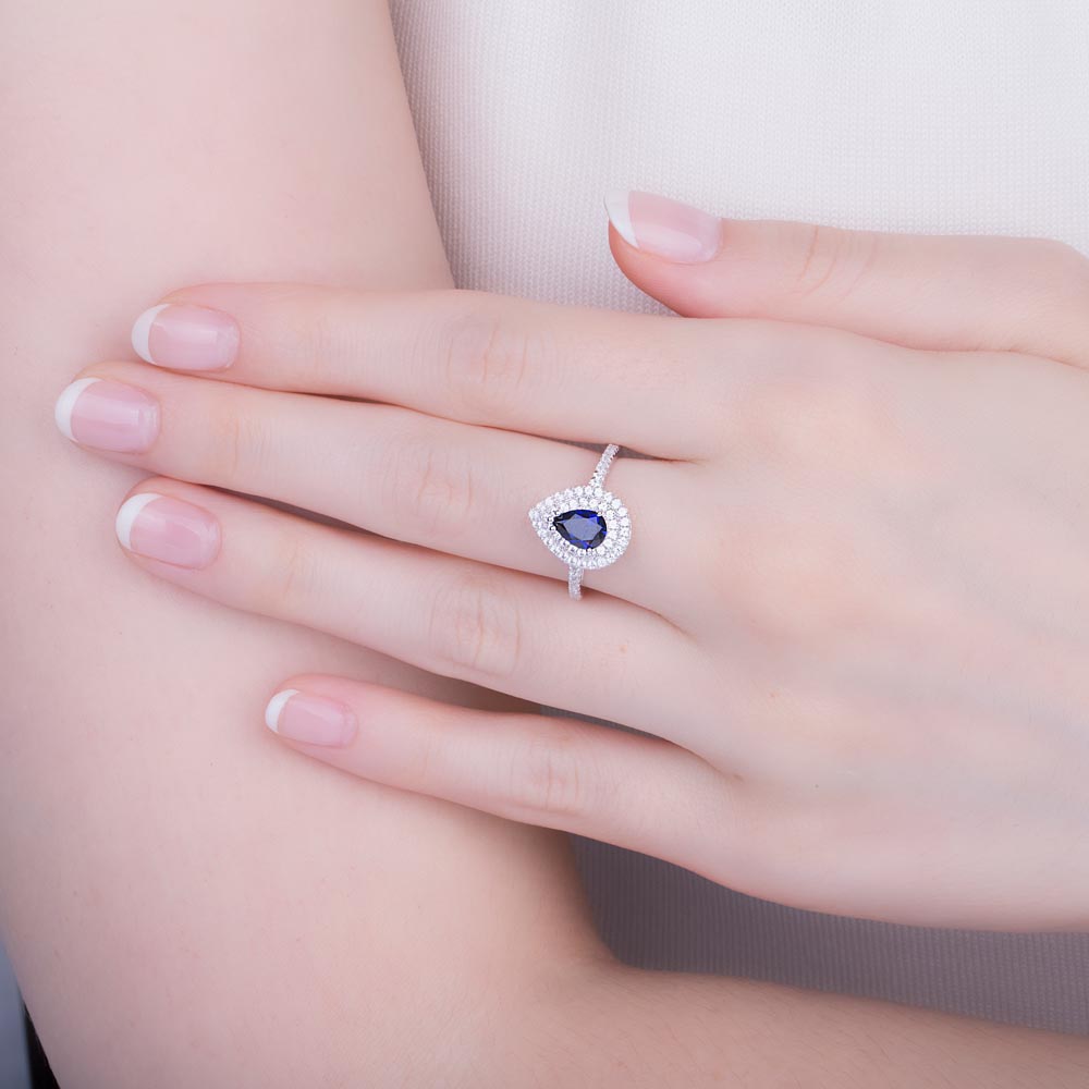 Fusion Sapphire Pear 10K White Gold Moissanite Halo Proposal Ring #3