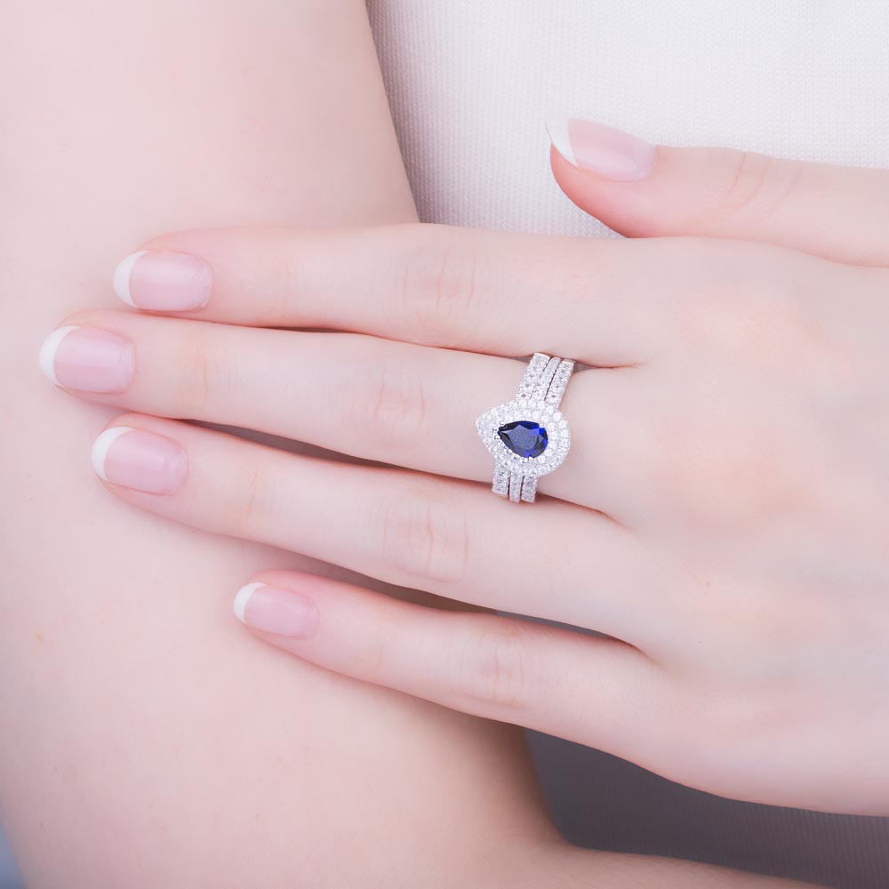Fusion Sapphire Pear 10K White Gold Moissanite Halo Proposal Ring #4