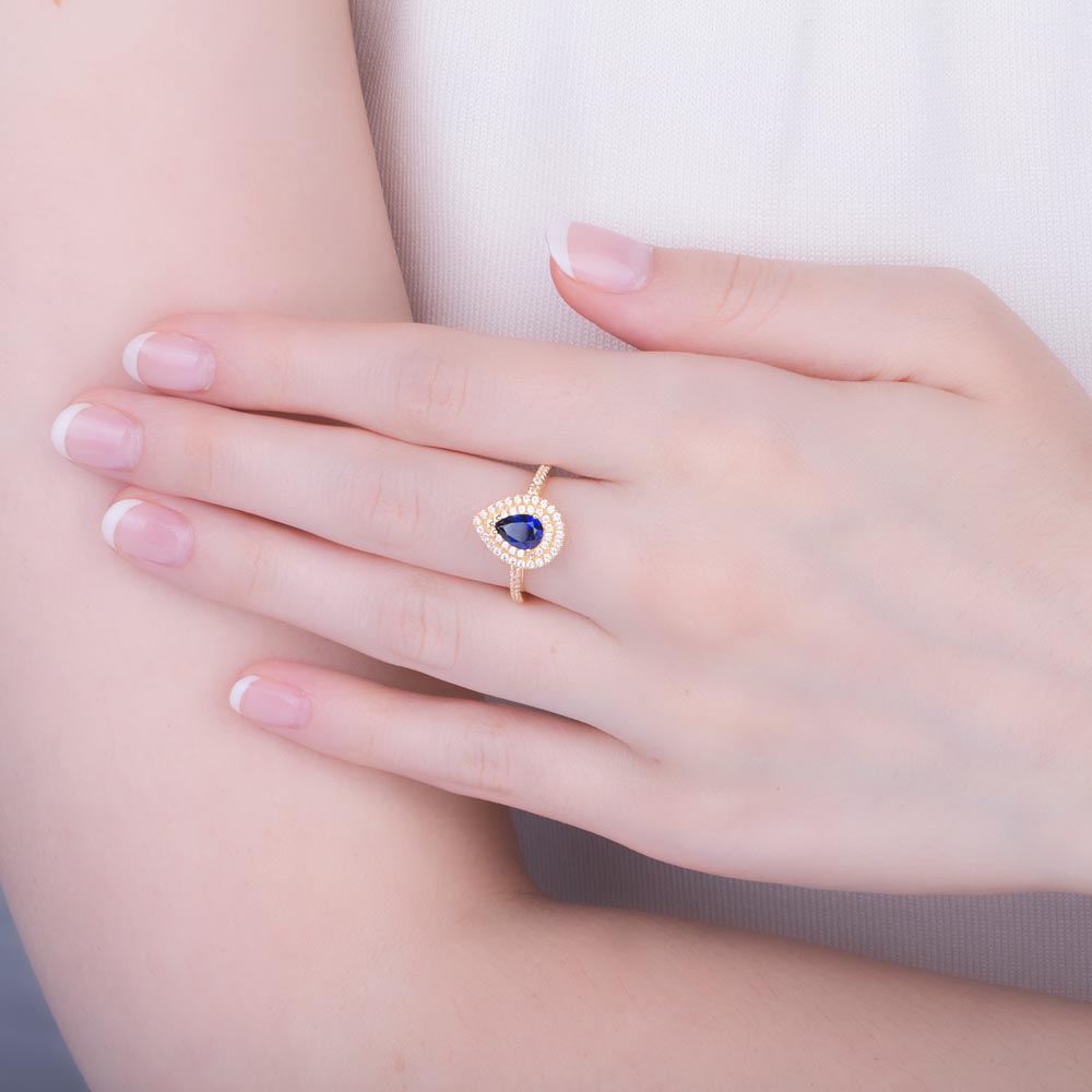 Fusion Sapphire Pear 18K Yellow Gold Diamond Halo Engagement Ring #2