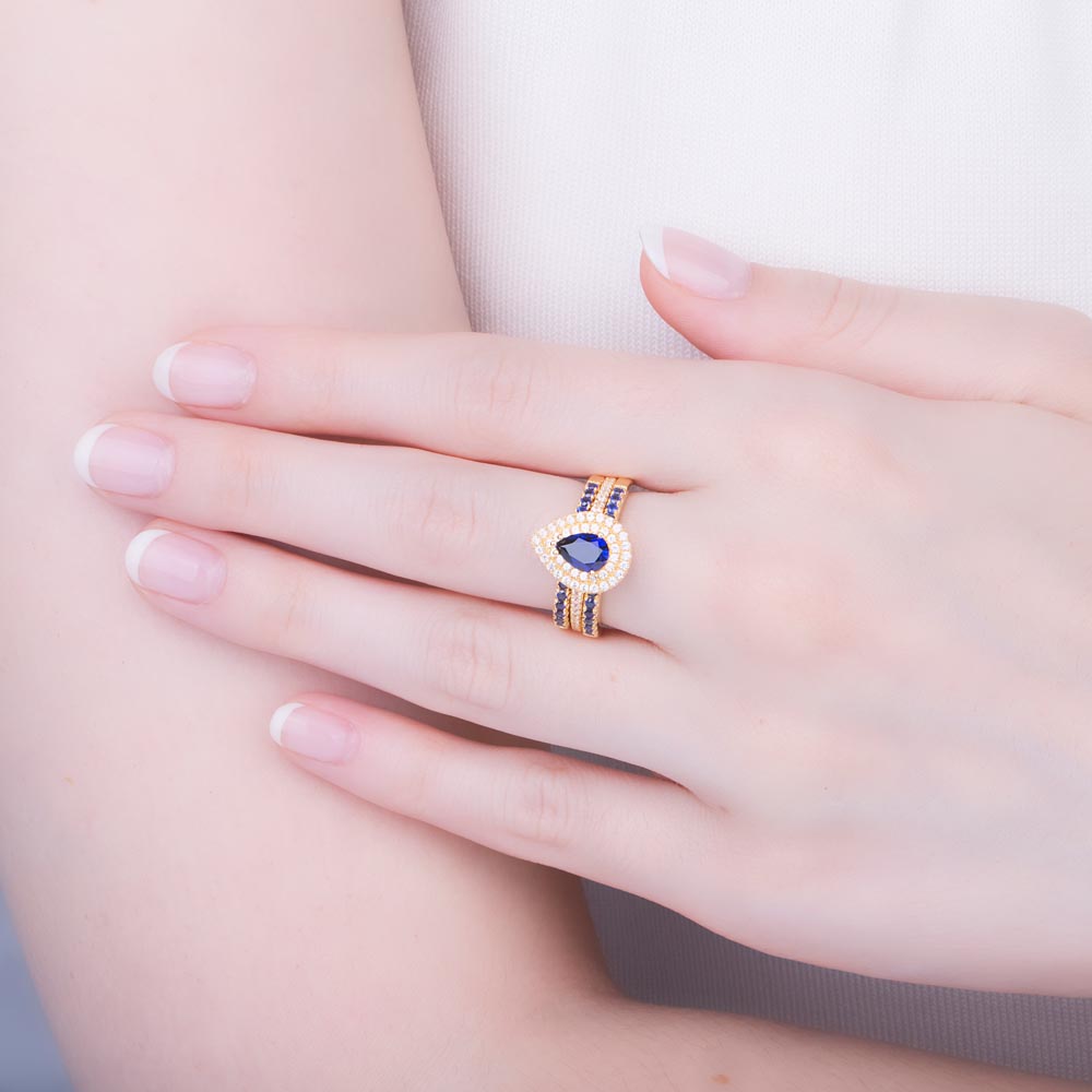 Fusion Sapphire Pear 18K Yellow Gold Diamond Halo Engagement Ring #5