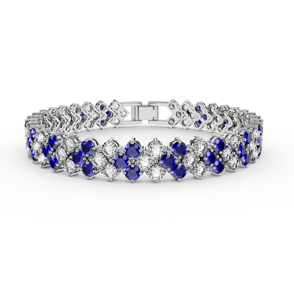 Eternity Three Row Sapphire and Diamond CZ Silver Tennis Bracelet 7 Inch