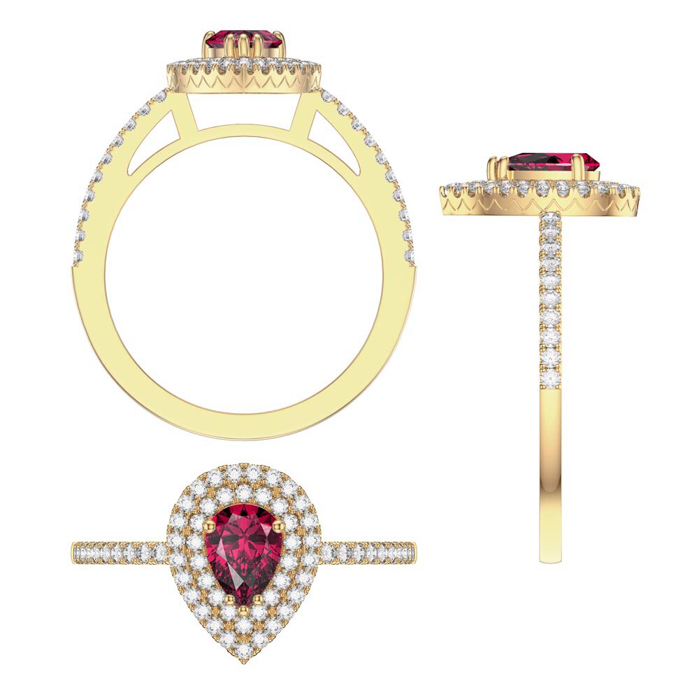 Fusion Ruby Pear and Diamond Halo 18K Yellow Gold Engagement Ring #8