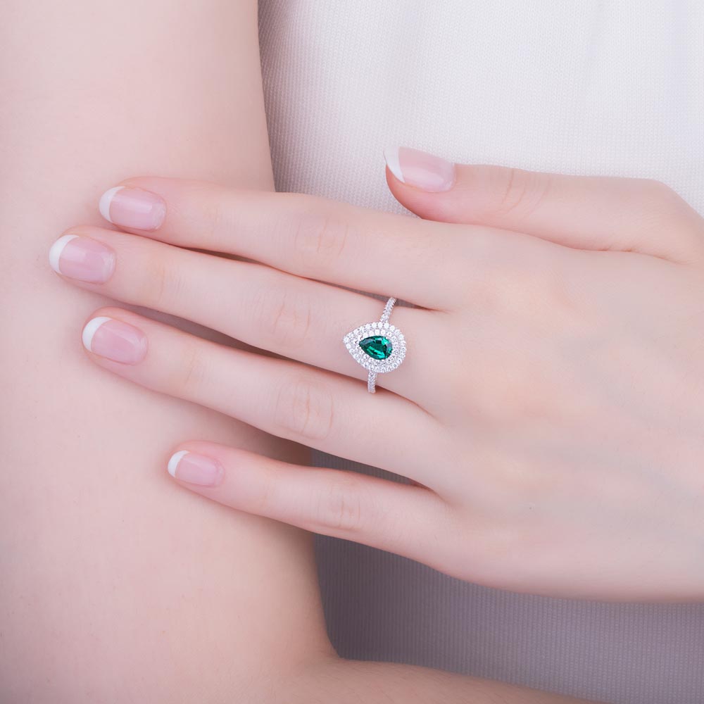 Fusion Emerald Pear 18K White Gold Diamond Halo Engagement Ring #2