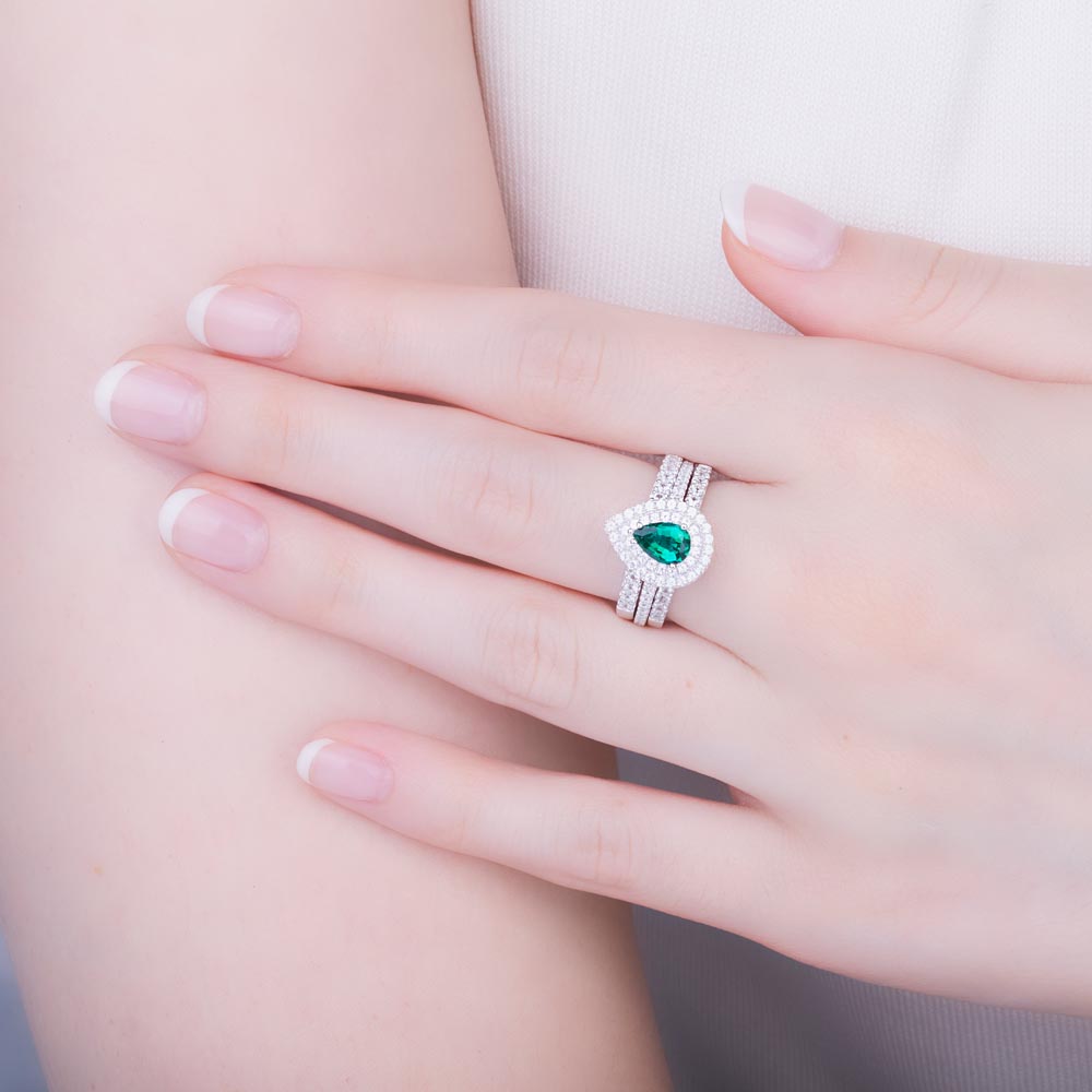 Fusion Emerald Pear 18K White Gold Diamond Halo Engagement Ring #4