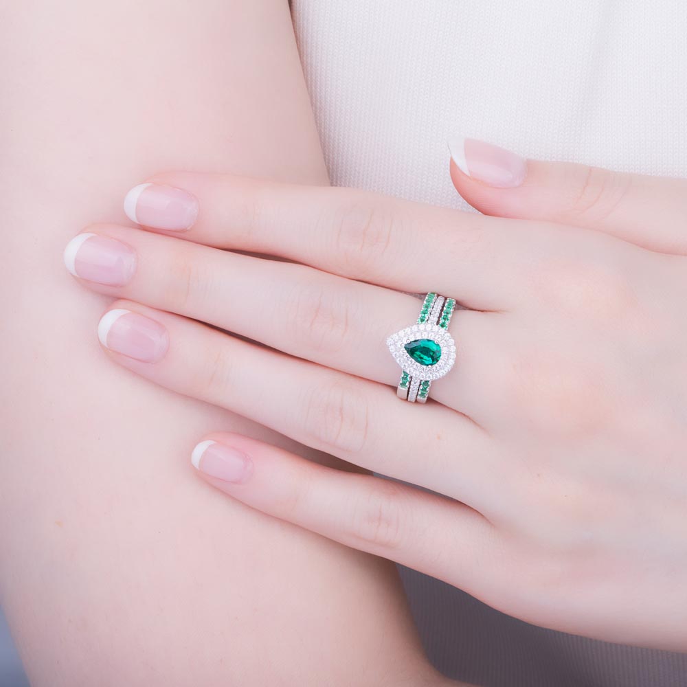 Fusion Emerald Pear 18K White Gold Diamond Halo Engagement Ring #5