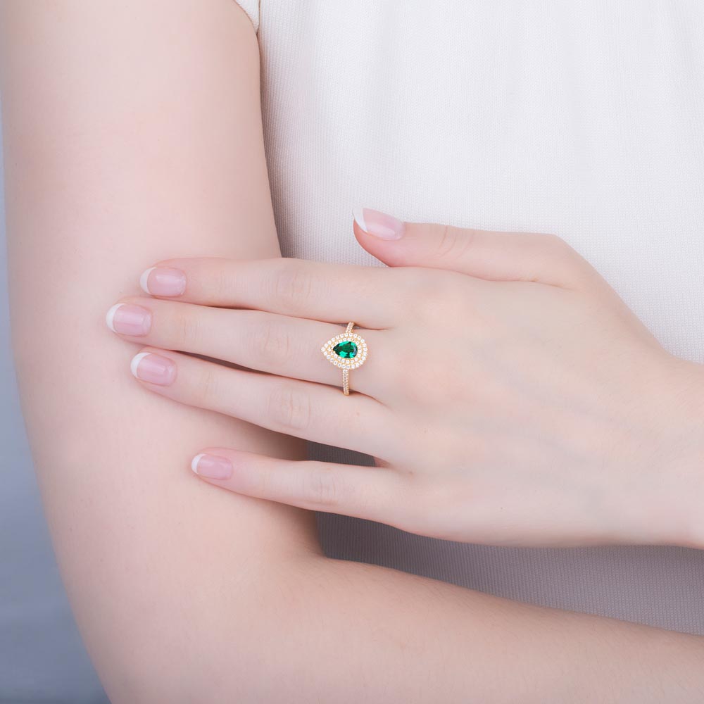 Fusion Emerald Pear 18K Yellow Gold Diamond Halo Engagement Ring #2
