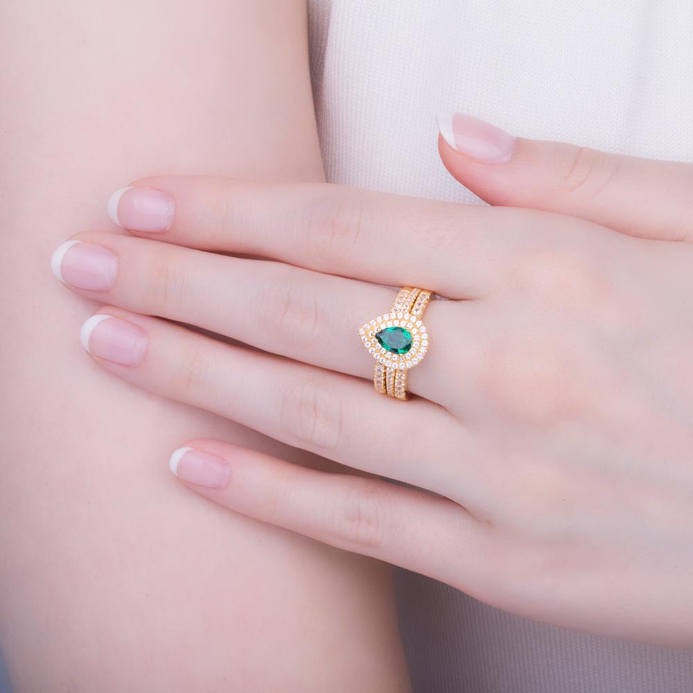 Fusion Emerald Pear 18K Yellow Gold Diamond Halo Engagement Ring #4