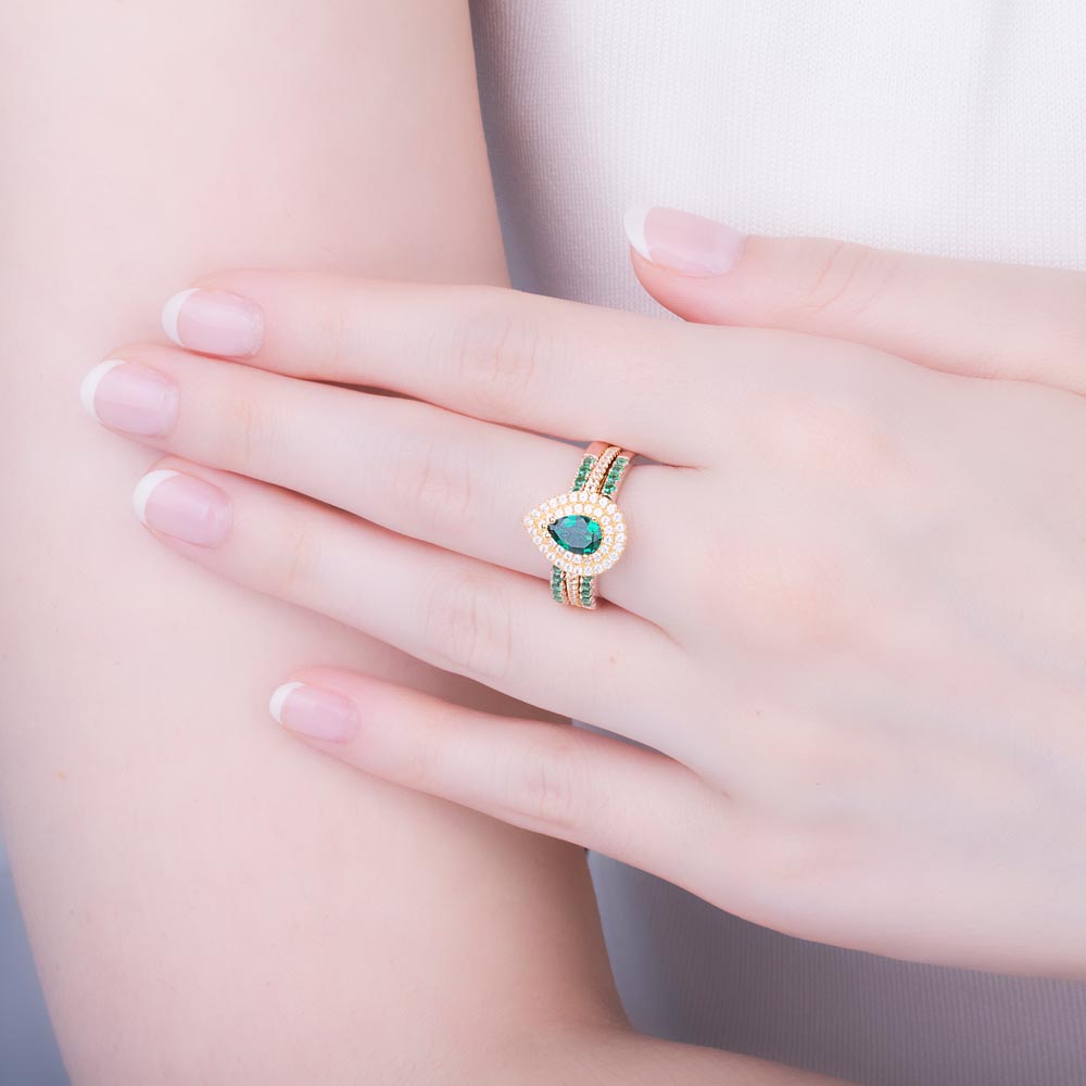 Fusion Emerald Pear 18K Yellow Gold Diamond Halo Engagement Ring #5