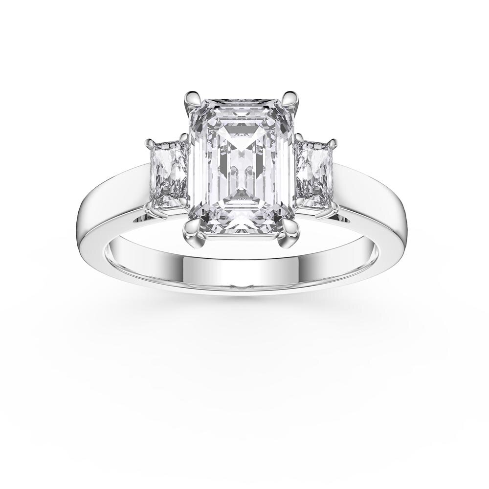 Princess 2ct Diamond Emerald Cut 18K White Gold Three Stone Engagement Ring