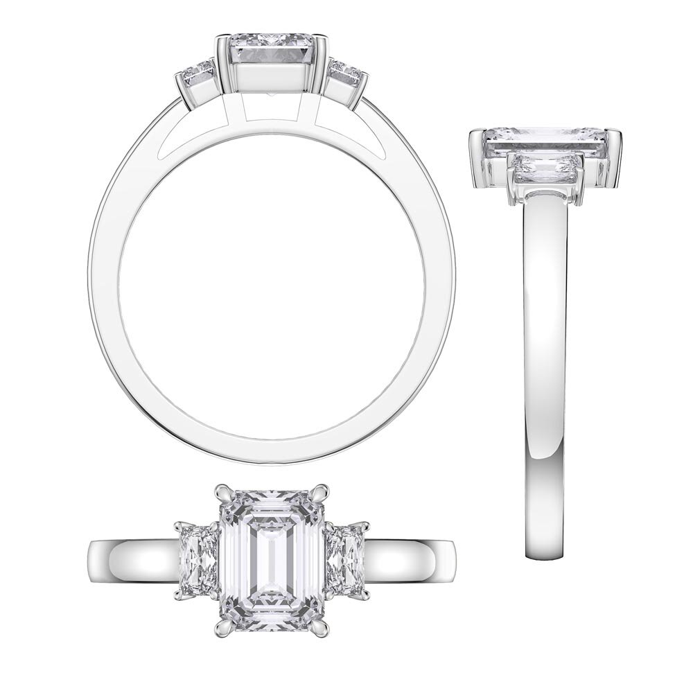 Princess 2ct Diamond Emerald Cut 18K White Gold Three Stone Engagement Ring #3