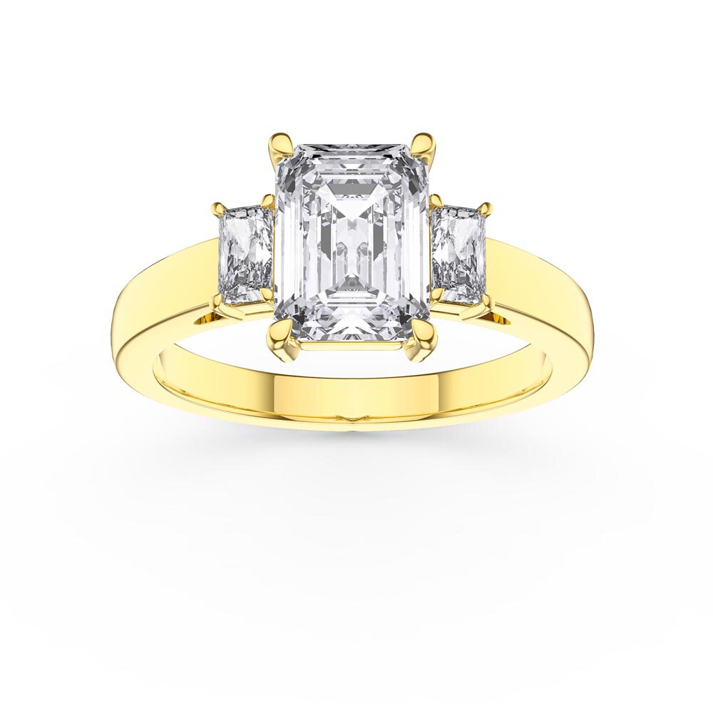 Princess 2ct Diamond Emerald Cut 18K Yellow Gold Three Stone Engagement Ring