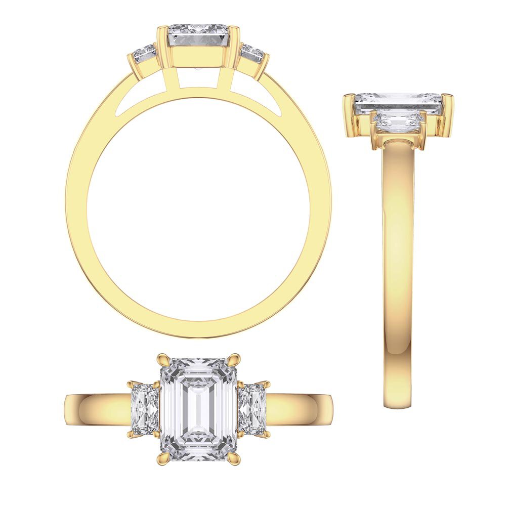 Princess 2ct Diamond Emerald Cut 18K Yellow Gold Three Stone Engagement Ring #3