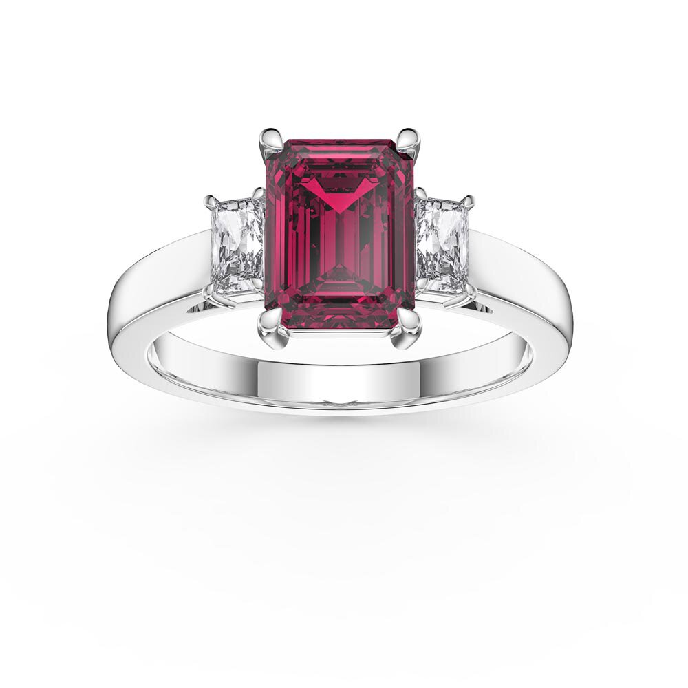 Princess 2ct Ruby Emerald Cut 18K White Gold Moissanite Three Stone Engagement Ring