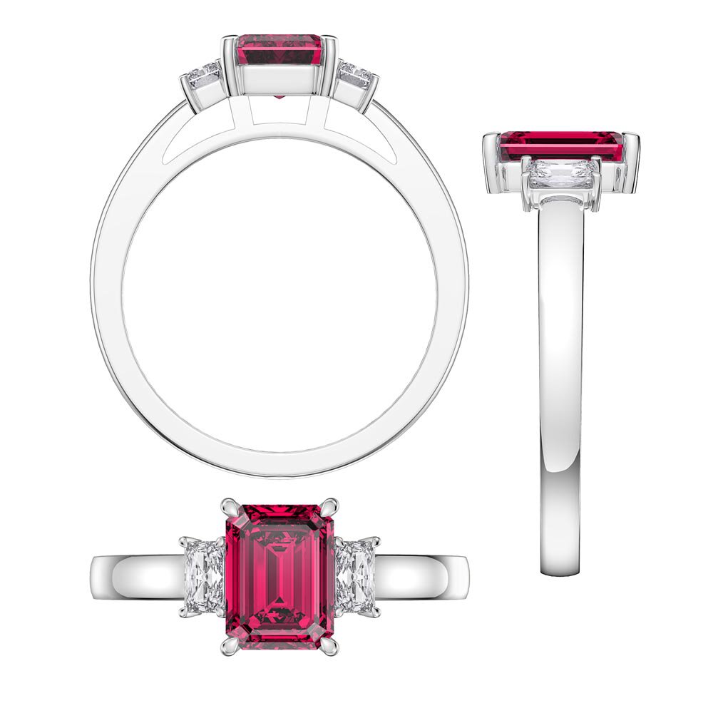 Princess 2ct Ruby Emerald Cut 18K White Gold Moissanite Three Stone Engagement Ring #3