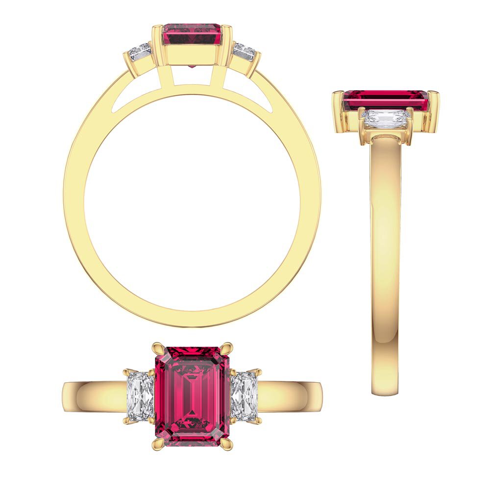 Princess 2ct Ruby Emerald Cut 18K Yellow Gold Diamond Three Stone Engagement Ring #3