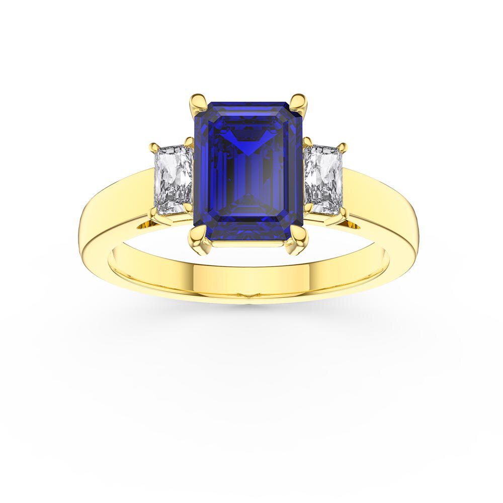 Princess 2ct Sapphire Emerald Cut 10K Yellow Gold Moissanite Three Stone Proposal Ring