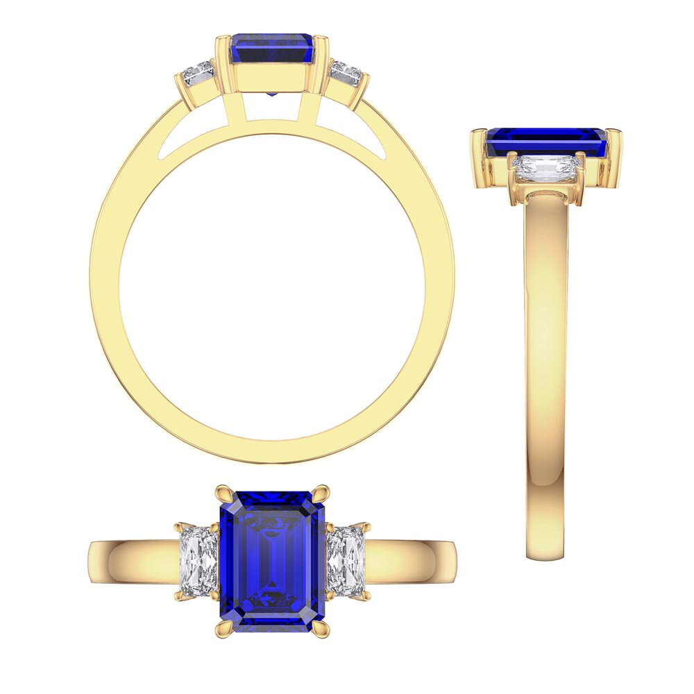 Princess 2ct Sapphire Emerald Cut 18K Yellow Gold Moissanite Three Stone Engagement Ring #3