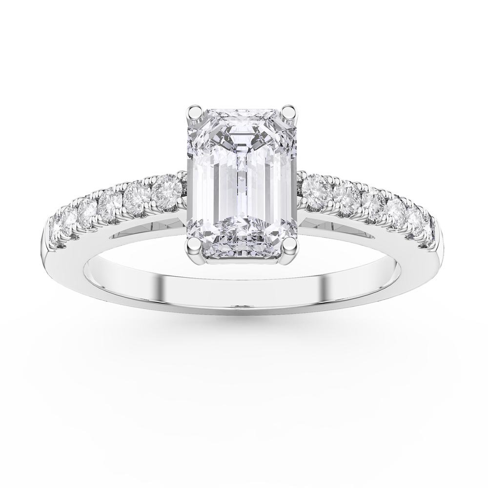 Unity 1ct Diamond Emerald Cut Pave 18K White Gold Engagement Ring