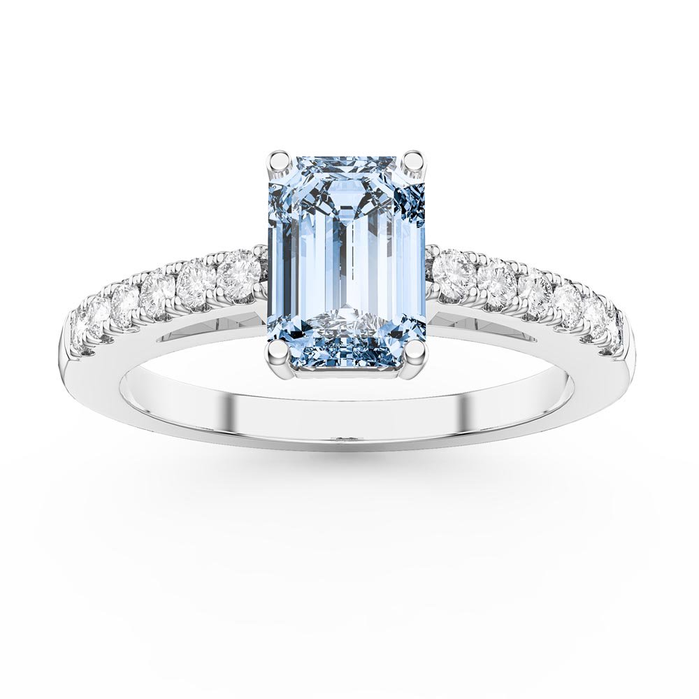 Unity 1ct Aquamarine Emerald Cut Diamond Pave 18K White Gold Engagement Ring