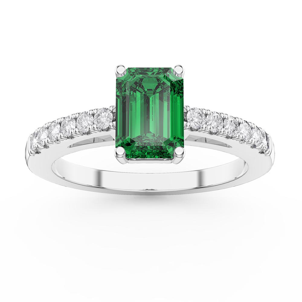 Unity 1ct Emerald Cut Emerald Moissanite Pave 18K White Gold Engagement Ring