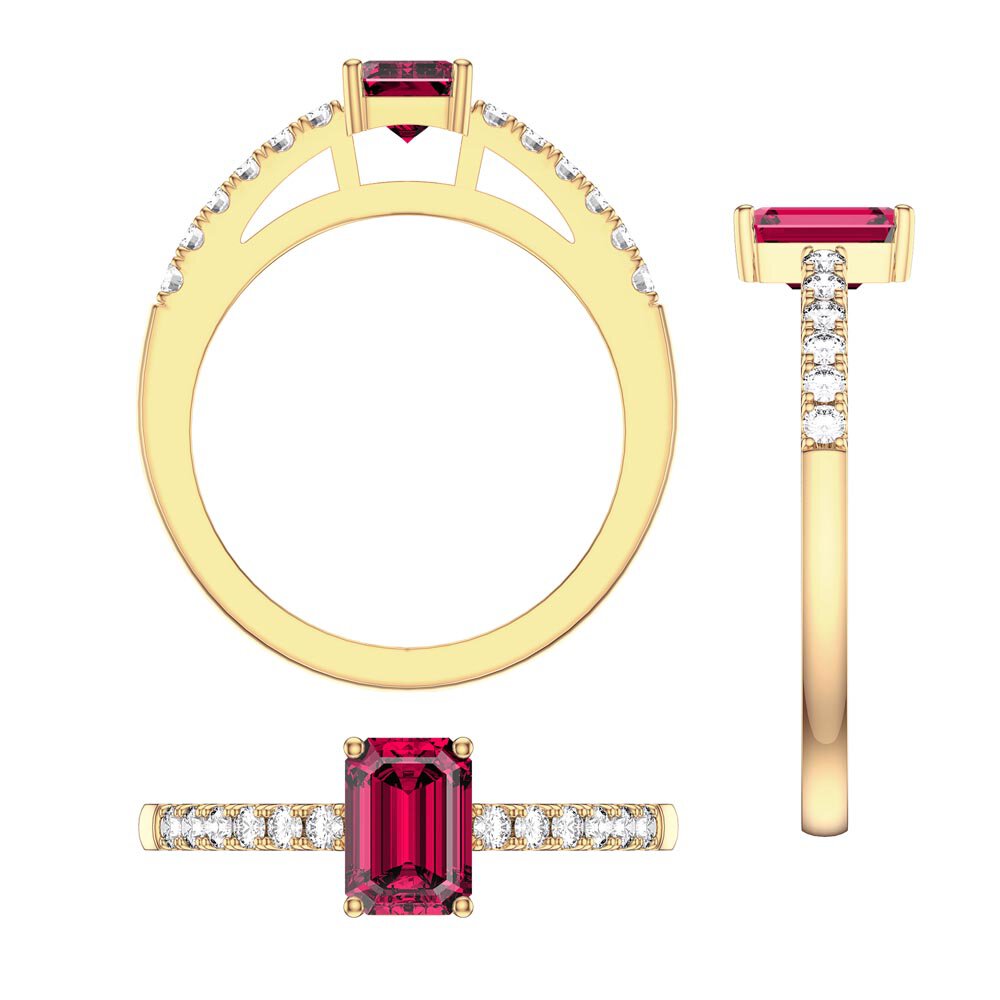 Unity 1ct Ruby Emerald Cut Diamond Pave 18K Yellow Gold Engagement Ring #5