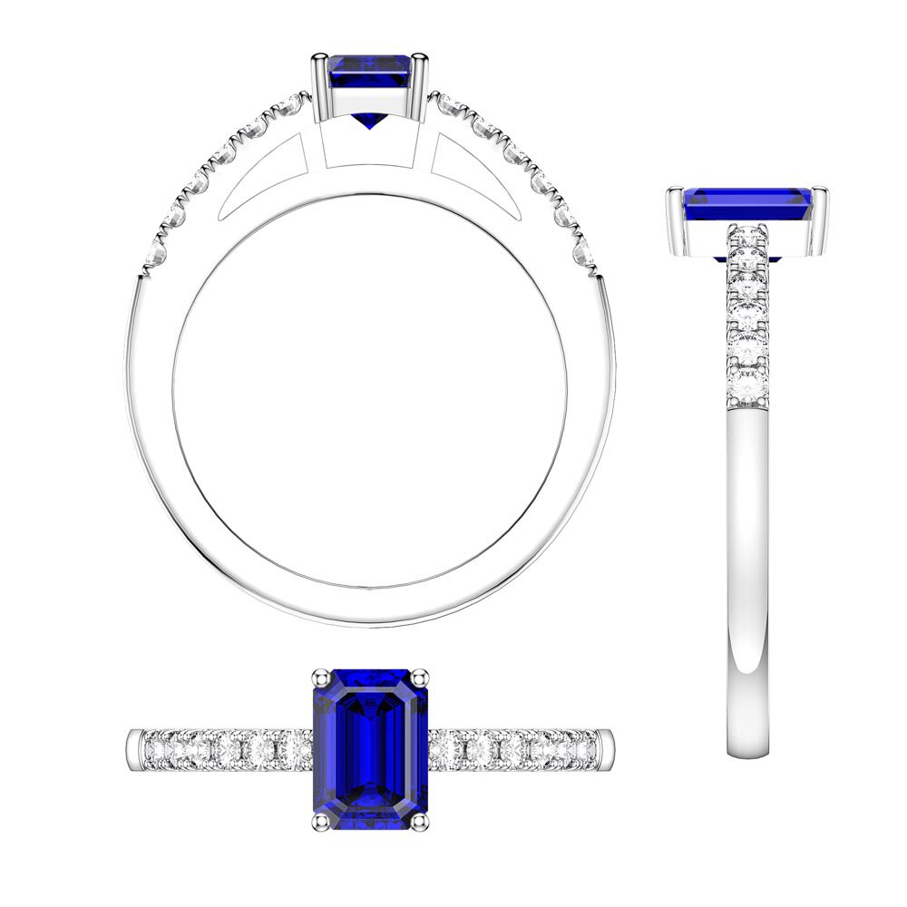Unity 1ct Blue Sapphire Emerald cut Diamond Pave 18K White Gold Engagement Ring #5
